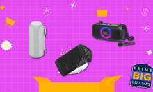 A Sony speaker, an Oontz speaker, and a JBL speaker against an illustrated background.