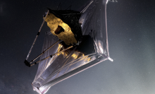 An artist's illustration of the James Webb Space Telescope observing the cosmos 1 million miles from Earth.