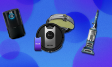 air purifier, robot vacuum, and upright vacuum against a blue background