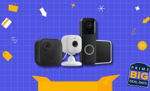 Blink security cameras overlaying an illustrated blue and yellow background for Prime Day