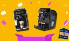 two philips espresso machines on a bright pink background for amazon prime day