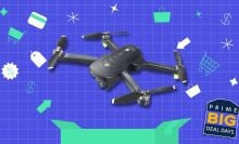 the holy stone hs175d drone on a blue amazon prime day background