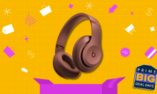 Kim Kardashian x Beats Studio Pro headphones on yellow Prime Day background