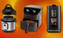 three instant pot kitchen appliances including an instant pot, coffee maker, and air fryer on a bright orange background