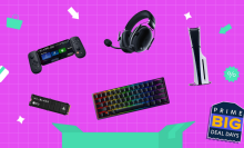 Gaming tech products in front of a purple background