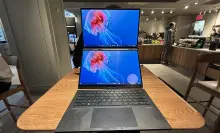 Asus Zenbook Duo on a table at a coffee shop