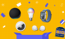 An illustrated graphic with an Apple AirTag, Apple Watch, Echo Dot, Tapo smart lightbulb, Amazon Echo Buds