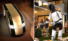 Two images side by side. On the left is a screenshot of the Robovan. On the right is a Tesla promotional image of an Optimus robot serving someone a drink.