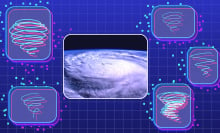 composite image of a satellite image of hurricane milton surrounded by drawings of tornado-like spirals. 