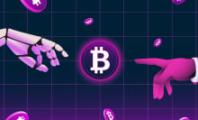 An illustration of a robot arm and human arm reaching out to touch a Bitcoin logo