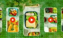 video play signs over food in containers with a green background