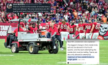 image of chris godwin leaving field on cart with screenshots of tweet and google search about onside kick rules