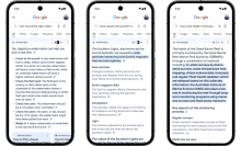 Three smartphones showing Google AI Overview search results.