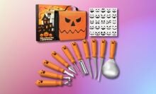 Halloween pumpkin carving kit on a pink gradient background