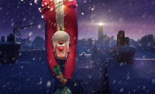 Santa Claus hanging upside down.