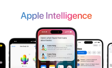 A row of iPhones showing off Apple Intelligence features, with the words "Apple Intelligence" above them.