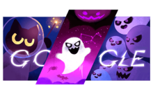 Google's Halloween Google Doodle artwork for 2024, featuring a cat wielding a wand at several ghosts.