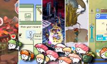 A composite of images from several indie games. From left to right: SEDAP! A Culinary Adventure; Identifile; Demonschool; Winter Burrow; and Dungeon Inn. Sushi from Wabisabi Sushi Derby run across the bottom of the image.