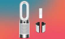 Dyson Hot+Cool purifier on a purple, peach and blue grain gradient