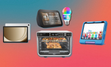 blue and pink background with collage of Amazon Fire Kids tablet, Ninja air fryer oven, Echo Show 5 with color bulb, and Samsung tablet