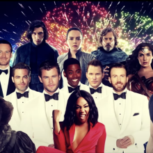 A photo collage of Aquaman, Pennywise, actor Michael Fassbender, Wonder Woman, Dominic Toretto, actor Tiffany Haddish, several actors named Chris, and Star Wars sequel characters.