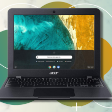 acer chromebook 512 in black with yellow and teal background