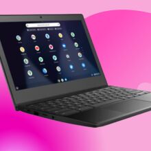 Lenovo Chromebook against a pink background