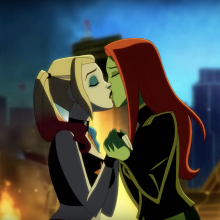 A screenshot from "Harley Quinn: A Very Problematic Valentine's Day Special" depicting Harley and Poison Ivy kissing.