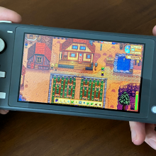 a close-up of a man's hands playing "stardew valley" on a gray nintendo switch lite