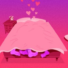 illustration of two people under the covers in bed with clothes strewn around the room