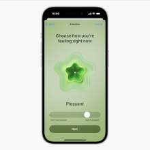 An iPhone displays a green, pulsing "Emotion" screen that reads "Choose how you're feeling right now". 