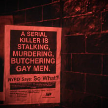 Image of a poster that says: "A serial killer is stalking, murdering, butchering gay men." 