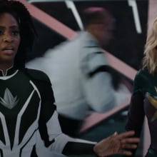 Teyonah Parris as Monica Rambeau and Brie Larson as Carol Danvers in "The Marvels"