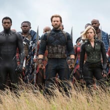 A promotional photo from Avengers: Infinity War, showing Black Panther, Captain America, Black Widow, the Winter Soldier, and numerous Wakandans ready for battle.