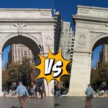 iPhone 15 Pro Max vs. Google Pixel 8 camera shot of Washington Square Arch