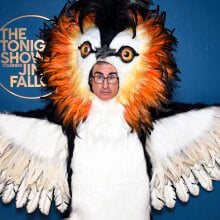 A man in glasses is dressed up as a large bird with an impressive orange plumage.