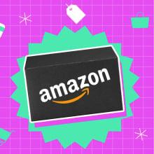 a black amazon box against a bright pink and green background