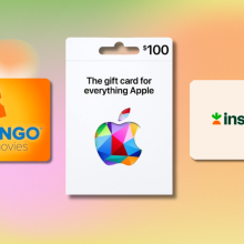 fandango, apple, and instacart gift cards against an orange pastel background