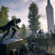 An assassin rides atop a horse carriage while being chased by london inspectors