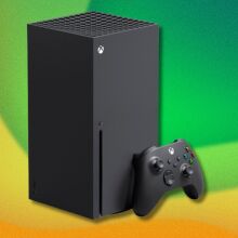 an xbox series x on a background of green and yellow