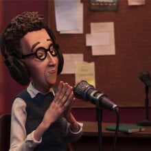 A stop-motion puppet of a man in a sweater and headphones in a recording booth.