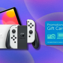 Nintendo Switch OLED and Dell eGift Card on blue and purple abstract background