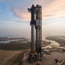 The Starship atop its rocket booster at its launch pad in Boca Chica, Texas, in 2023.