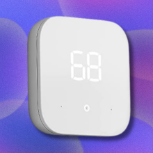 Amazon Smart Thermostat on purple and blue abstract background