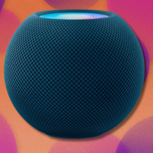 Apple HomePod Mini in orange and purple abstract background