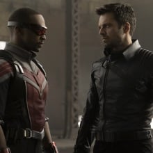 The Falcon and the Winter Soldier staring at each other.