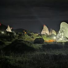 Six antennas pointed as an array at NASA's Voyager 1 spacecraft.