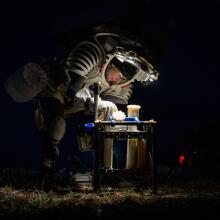 NASA astronaut Kate Rubins on a simulated moonwalk in May 2024.