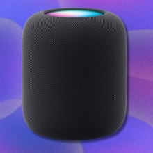 Apple HomePod on colorful abstract background