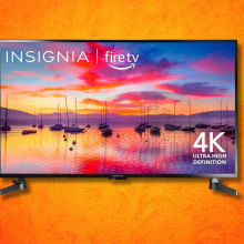 INSIGNIA tv against an orange background 